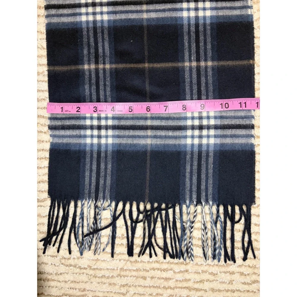 V. Fraas Cashmink Scarf Navy Blue Plaid Acrylic Made in Germany Fringe Soft Warm